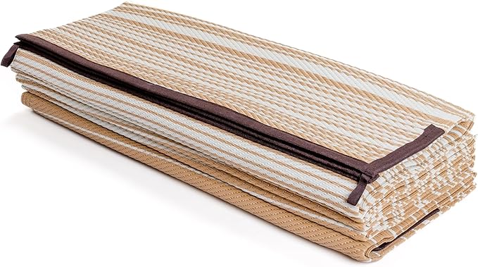 FH Home Outdoor Camping Rug - Waterproof, Fade Resistant, Reversible - Premium Recycled Plastic - Striped - Large Patio, Deck, Sunroom, RV - Havana - Beige - 4 x 6 ft Foldable