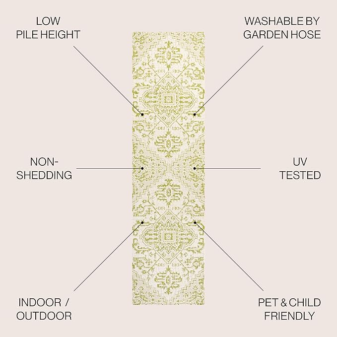JONATHAN Y SMB105E-210 Estrella Bohemian Medallion Textured Weave Indoor Outdoor Runner Rug, Coastal Traditional Easy-Cleaning,Bedroom,Kitchen,Backyard,Patio,Non Shedding 2 X 10, Cream/Green