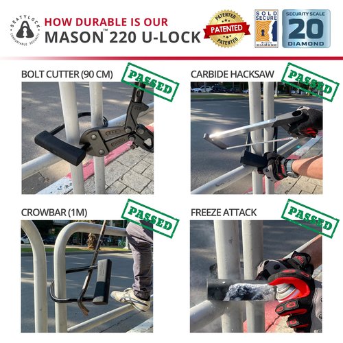 Seatylock Mason Bike U Lock - Patented Heavy Duty Anti Theft Diamond Security Bicycle Lock - Super Wide Safety Master Tool ULock with Keys for Electric Bikes Scooters and Motorcycles (8.66 Inch)