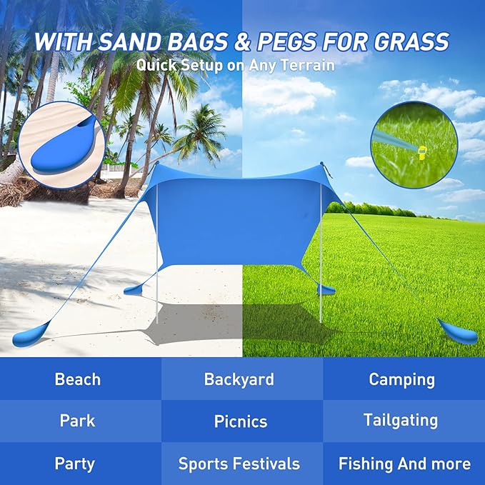Beach Tent Pop Up Shade Canopy Sun Shelter UPF50+ with 2 Stability Poles/Carry Bag/Ground Pegs/Sand Shovel/Windproof Ropes Portable Outdoor Family Sunshade for Beach Camping (Teal Blue, 7×7FT)