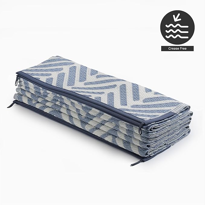 FH Home Outdoor Camping Rug - Waterproof, Fade Resistant, Reversible - Premium Recycled Plastic - Herringbone - Large Patio, Deck, Sunroom, RV - Fresno - Light Blue - 9 x 12 ft Foldable
