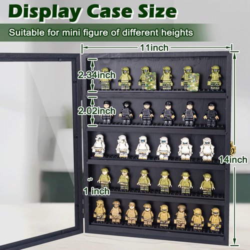 Minifigure Display Case 11X14 Inch with Lock,Figures Building Block Toy Wooden Shadow Box，Miniature Collectibles Display Cabinet Wall Mount or Tabletop for Storage Mini Figure Black