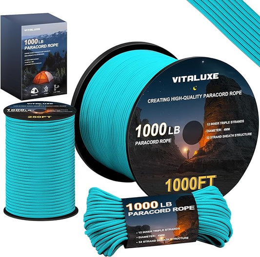 1000lb Paracord Rope, 4mm 12 Triple Strands Paracord, Heavy Duty Tactical Parachute Cord for Survival Gear, Camping, Hiking, and Ideal for Bracelets, Lanyards, Type III
