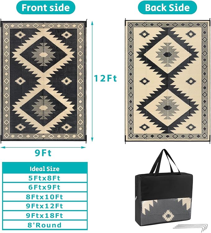 HEBE Outdoor Rug 9'x12' for Patios Clearance Waterproof Patio Mat Plastic Straw Rug Reversible RV Camping Tent Rug Outside Indoor Outdoor Area Rugs for RV,Deck,Beach,Balcony,Camper