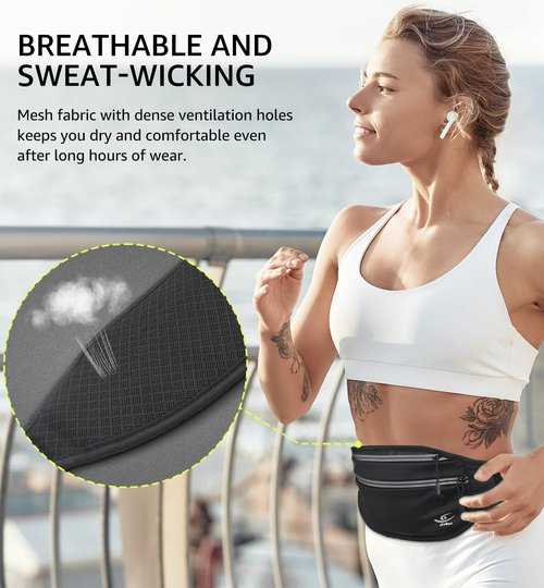 HiRui Slim Fanny Pack for Men Women, Adjustable Exercise Waist Pack Reflective Running Belt for Sports Workout Cycling Hiking, Casual Hands-Free Wallets Phone Bag Fits All Phones (Black)