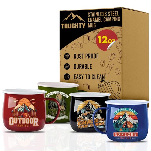 Toughty Enamel Camping Coffee Mug – Stainless Steel Portable Mug for Camping, Hiking, RV, Travel & Outdoor, Rust-Resistant & Lightweight, Durable Insulated Cup w/Handle – 12 oz, Multicolor, 4-Pack