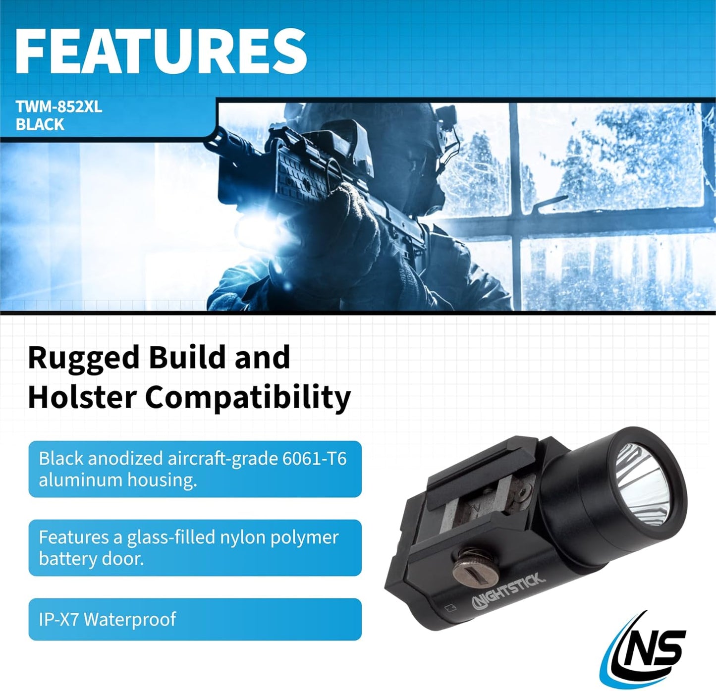 Nightstick TWM-852XL 850-Lumen Tactical Rail-Mounted Light with Single Push Button
