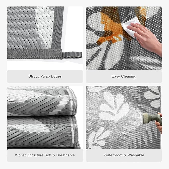 wikiwiki Outdoor Rug, 6x9ft Waterproof Reversible Mat Indoor Outdoor Rugs Carpet, Small Area Rug Plastic Straw Rug for Patio Deck Balcony Pool RV Camping Beach Picnic, Grey Leaves, Rugscape Series