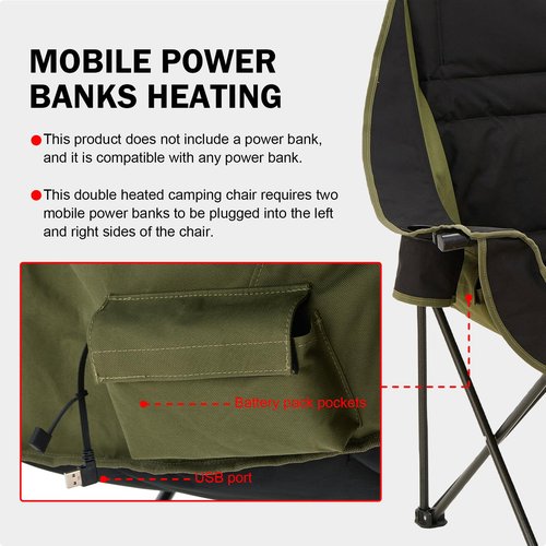 Heated Camping Chair, Oversized Heated Double Camping Chair for Adults 2 People, Heated Folding Outdoor Sports Chairs for Lawn, Hunting and Picnic, Supports 750 lbs,Battery Not Included
