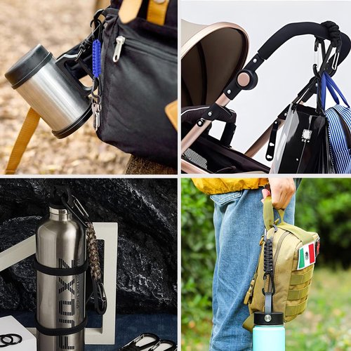 Paracord Keychain Carabiner with Double Hooks Hanger Stroller Hook for Camping, Water Bottle, Key, Backpacks, Outdoor Sport(Black)