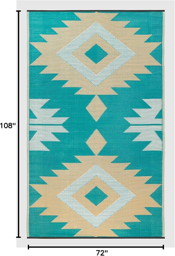 FH Home Outdoor Rug - Waterproof, Fade Resistant, Reversible - Premium Recycled Plastic - Geometric - Patio, Deck, Porch, Balcony - Bursa Kilim - Teal Crease Free - 6 x 9 ft