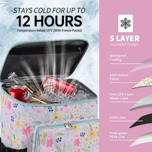 DYSHAYEN Cooler Backpack,Lightweight Backpack Cooler Insulated Leak Proof,30 Cans Soft Cooler Bag for Beach,Camping,Beach,Picnic,Lunch（Flower）