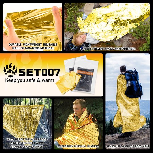 SET007 50 Pack Emergency Mylar Thermal Blankets - 82"x62" Waterproof Heat Reflective Blankets, Bulk Rescue Blanket for Survival, Camping, Marathons, Bug Out Bag, First Aid, Golden