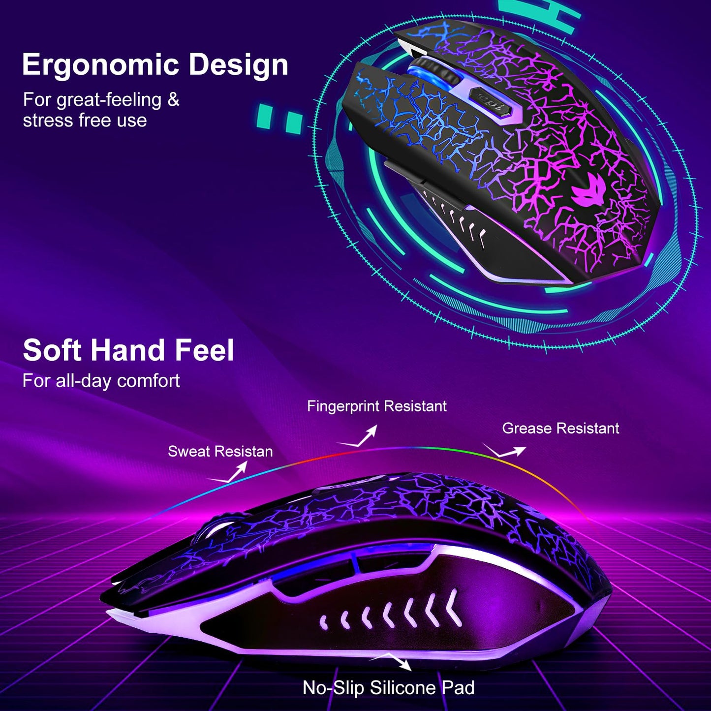 Wireless Gaming Mouse, Rechargeable Wireless Computer Mouse, 7-Color LED Light, Ergonomic Mouse with 6 Silent Click Buttons, 3 Adjustable 2400 DPI Wireless Mouse for Laptop,PC,Mac, Black