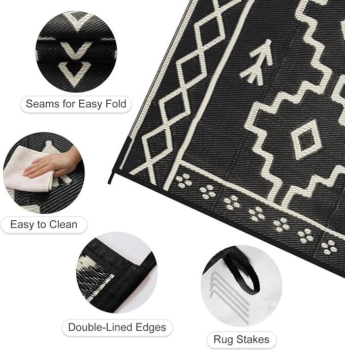 Uphome Outdoor Plastic Straw Rug 6x9 ft, Reversible Waterproof Outdoor Rug Carpet, Black Boho Patio Rug, RV Camping Rug for Outside, Indoor Outdoor Area Rug for Backyard Deck Balcony Picnic, 6'x9'