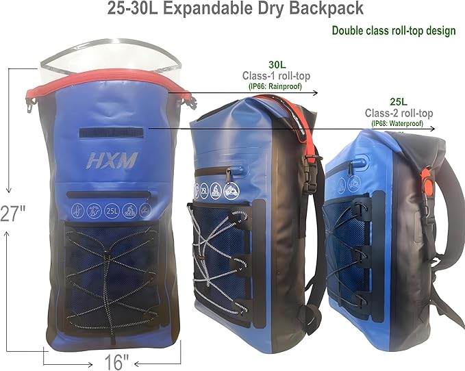Waterproof Floating Backpack, Expandable 25L-30L Egronomic Dry Bags, Multipurpose Daypacks for Hiking, Camping, Water sports, Snow Sports (Blue+Black)