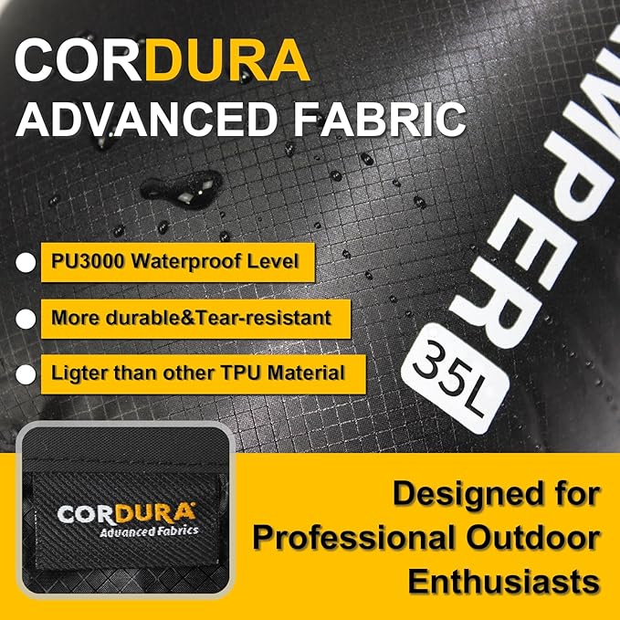 Waterproof Dry Bag-Upgraded Tear-resistant CORDURA Fabric-Durable&Lightweight Roll Top Dry Sack with Survival Whistle-Perfect for Hiking, Camping, Kayaking&Beach-Float on Water(35L/Black)