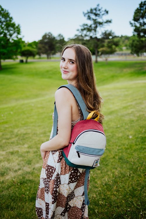 DIME BAGS Mini Hemp Backpack, Made with 100% Nepali Hemp, Travel Bag with Adjustable Padded Straps & Hidden Pocket, Eco-Friendly Daypack for Everyday Use, Unisex, Naturals Mystic (Boho Blue)