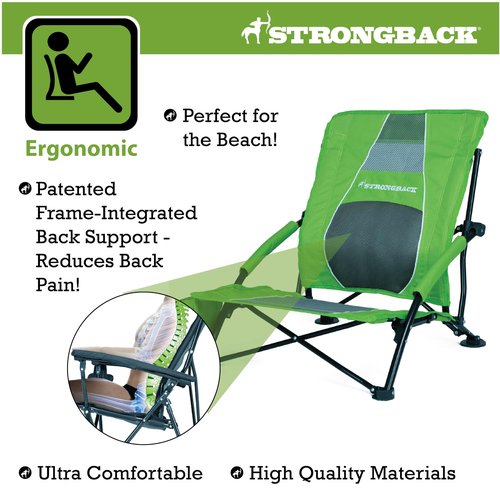 STRONGBACK Low Gravity Beach Chair with Built-in Lumbar Back Support - Heavy Duty Portable Folding Beach Chair for Adults - Lime Green