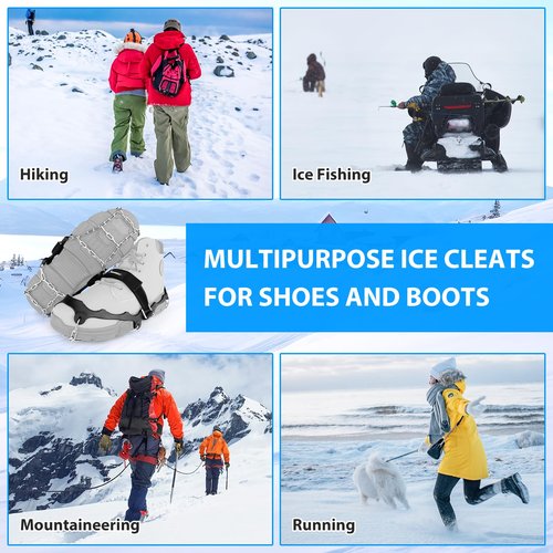 SYOURSELF Ice Cleats for Shoes and Boots Women Men, Crampons Non Slip Snow Chains Ice Grippers for Shoes and Boots, Traction Cleats Shoe Spikes for Snow and Ice Fishing Hiking Walking Climbing