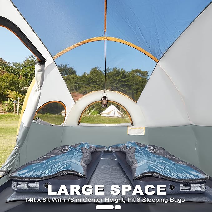 8 Person Tent for Camping, Waterproof Windproof Family Tent with Rainfly, Divided Curtain Design for Privacy Space, Portable with Carry Bag