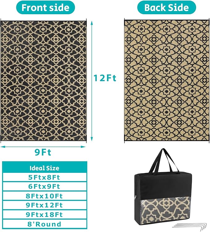 HEBE Outdoor Rug 9'x12' for Patios Waterproof Clearance Reversible Patio Mat Plastic Straw Rug RV Camping Mat Outside Area Rug Carpet for Camping RV,Porch,Deck,Balcony,Camper,Backyard