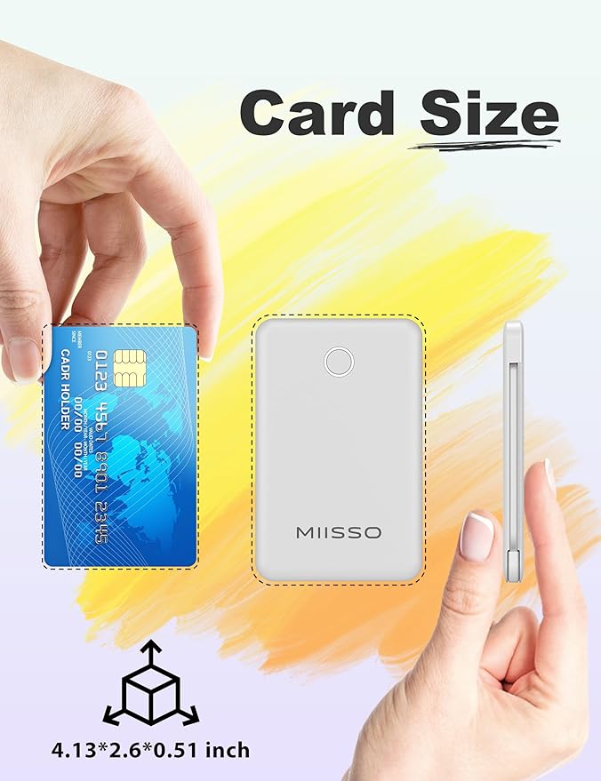 miisso 6000mah Ultra Slim Built in Cables Power Bank, Card Size Built in USB C Cords Battery Pack Portable Charger for Phones, 3 Output External Battery Pack Compatible with iPhone, Snow White