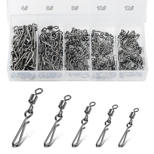 Realure 100 Pcs/5 Sizes Quick Change Fishing Rolling Connector Fishing Swivel with Hanging Snaps 4# 6# 8# 10# 12# Sea Fishing Snap Barrel Swivels and Clips for Connecting Fishing Lure & Line