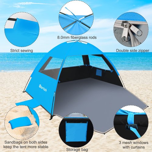 Gorich Beach Tent Sun Shelter with UV UPF99+ Protection for 3-4 People and Extra-Large Sandproof Waterproof Beach Blanket, Perfect for Camping, Travel, and Hiking (SkyRoyal, 10'x9')