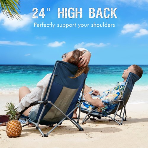 PORTAL Beach Chairs for Adults High Back Low Folding Camping Chair Portable Lightweight with Cup Holder for Travel, Concert, Lawn, Festival, Support 400lbs, Navy Blue