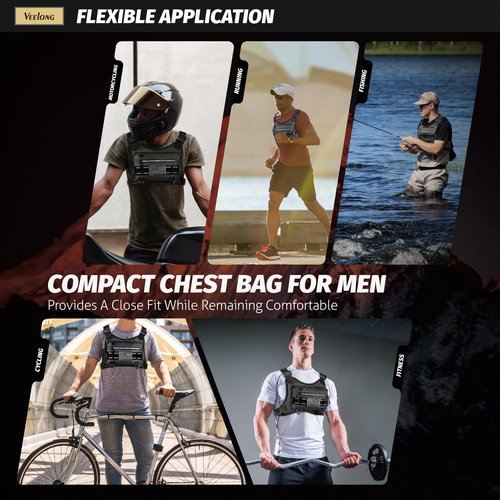 VEELONG Chest Bag for Men Women, Water-resistant Running Vest with Phone Holder, Adjustable EDC Tactical Chest Bag for Workouts, Black