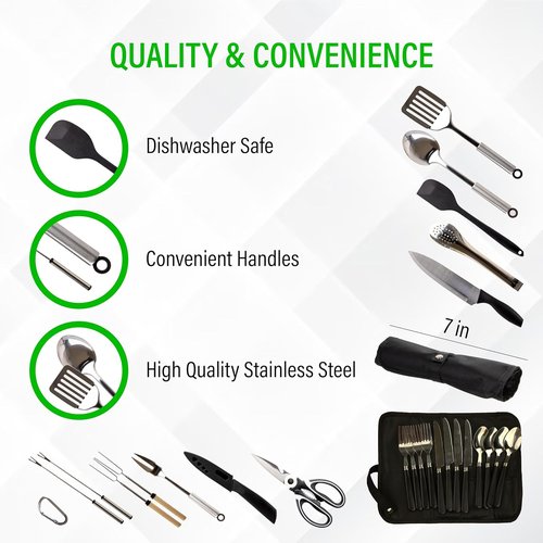 12 Pcs Camp Cooking Utensil Set & Outdoor Kitchen Gear Cookware Kit, Portable Compact Carry Case for Camping, Hiking, Travel, BBQ Grilling Stainless Steel Accessories Spoon & Fork, Navy