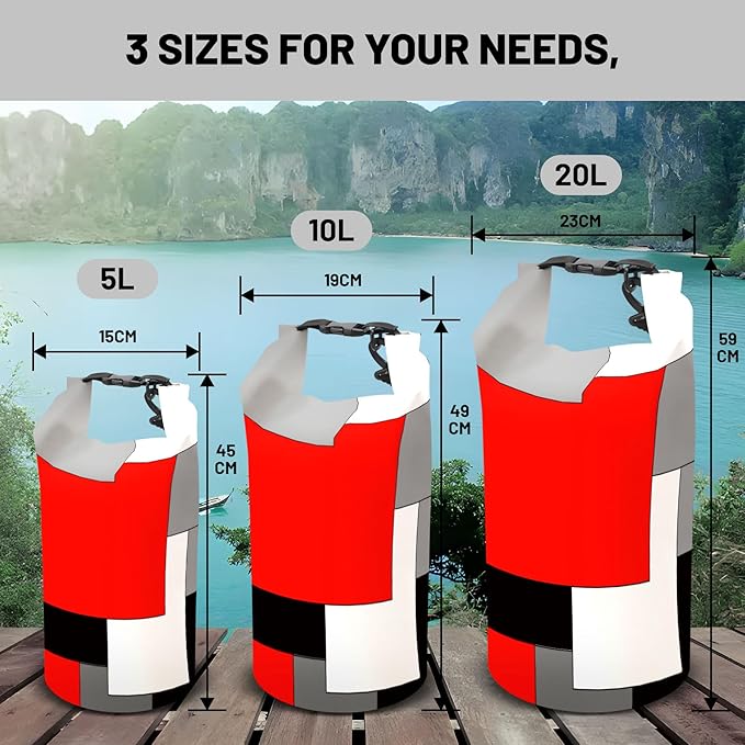 Waterproof Dry Bag,Roll Top Red and Black Geometric Small Waterproof Backpack 5L/10L/20L Floating and Lightweight Bags for Kayaking, Boating, Fishing, Swimming and Camping with Waterproof Phone Case