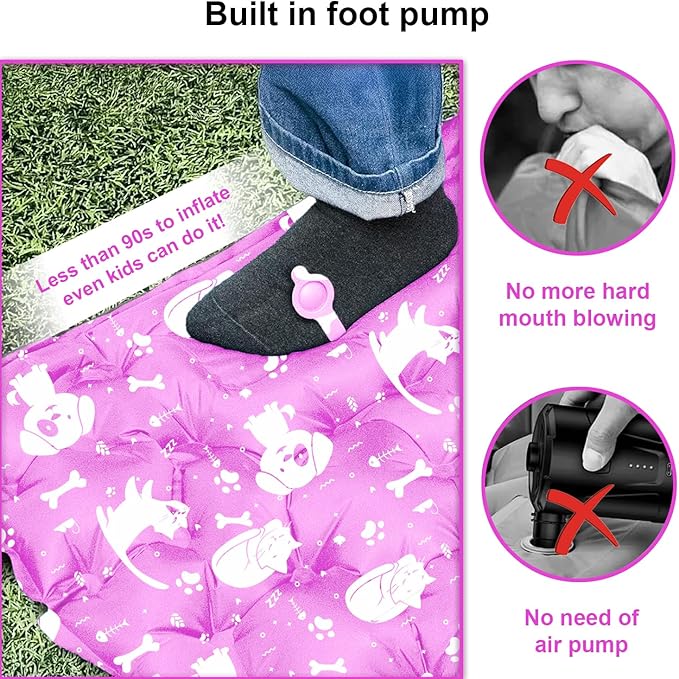 Inflatable Sleeping pad for Kids, Toddler and Youth | Air Mattress w Built-in Pump, 5’5” Ultralight Sleeping Mat with Pillow for Camping, Sleepovers & Travel | Airpad, Kids Cot, Camping Mattress -Pink