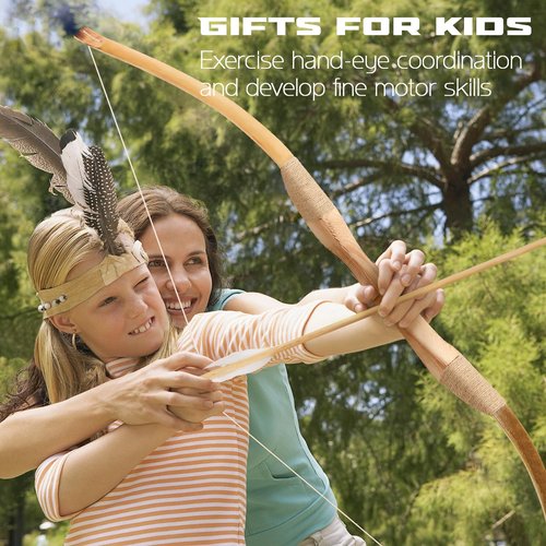 Youth Archery Bow and Arrow Set for Kids, 40" Handmade Wooden Bow and Arrow Prop Costume Cosplay Games Toys, Archery Set with 1 Bows 1 Quivers 5 Feather Arrows, Gifts for Kids Youth Adult Boys Girls