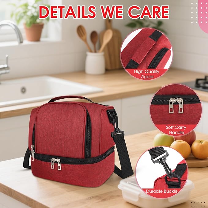 Lunch Box Lunch Bag for Women Men Reusable Insulated Lunch Bag Women Lunch Cooler Tote Bags with Adjustable Shoulder Strap for Office Work Picnic Travel, Wine Red