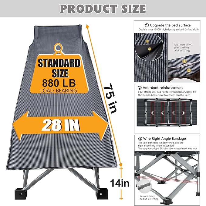 ABORON 2 Pack Folding Camping Cot W/Mat for Adults, Heavy Duty Outdoor Bed with Carry Bag,1200 D Layer Oxford Travel Camp Cots