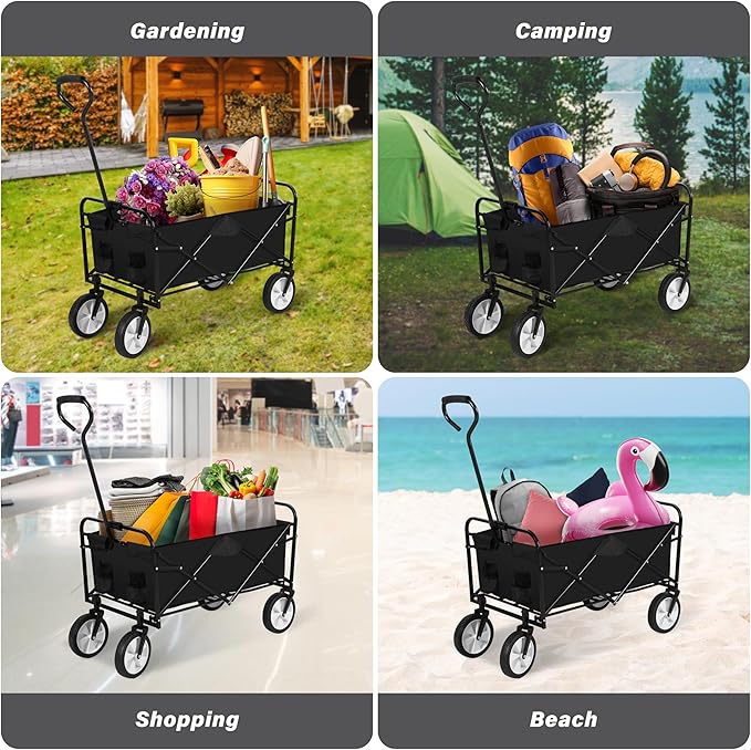 YSSOA Folding Garden Cart PRO, Collapsible Wagon with 360 Degree Swivel Wheels & Adjustable Handle, Black, 220lbs Weight Capacity