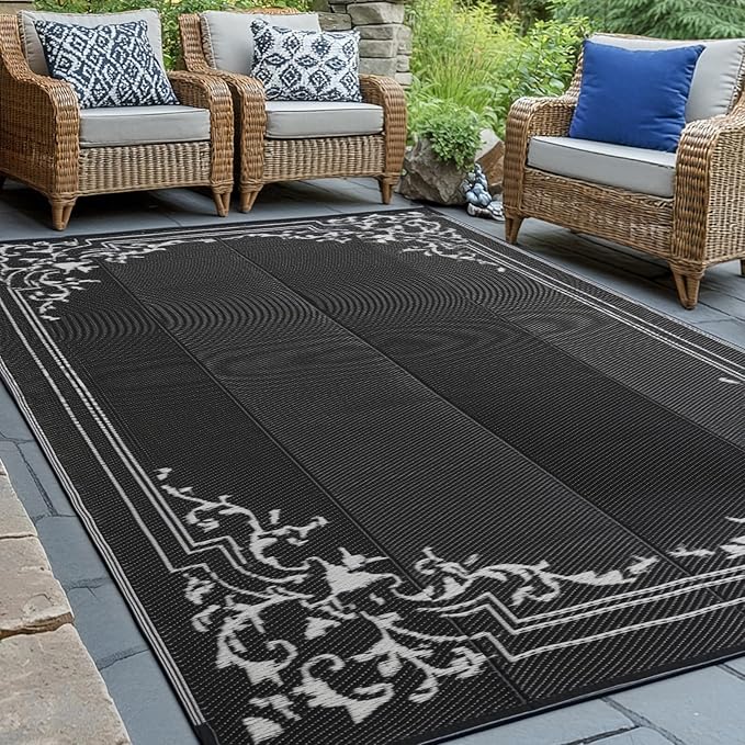 wikiwiki Outdoor Rug, 5x8ft Waterproof Reversible Mat Indoor Outdoor Rugs Carpet, Small Area Rug Plastic Straw Rug for Patio Deck Balcony Pool RV Camping Beach Picnic, Classic Black, Rugscape Series