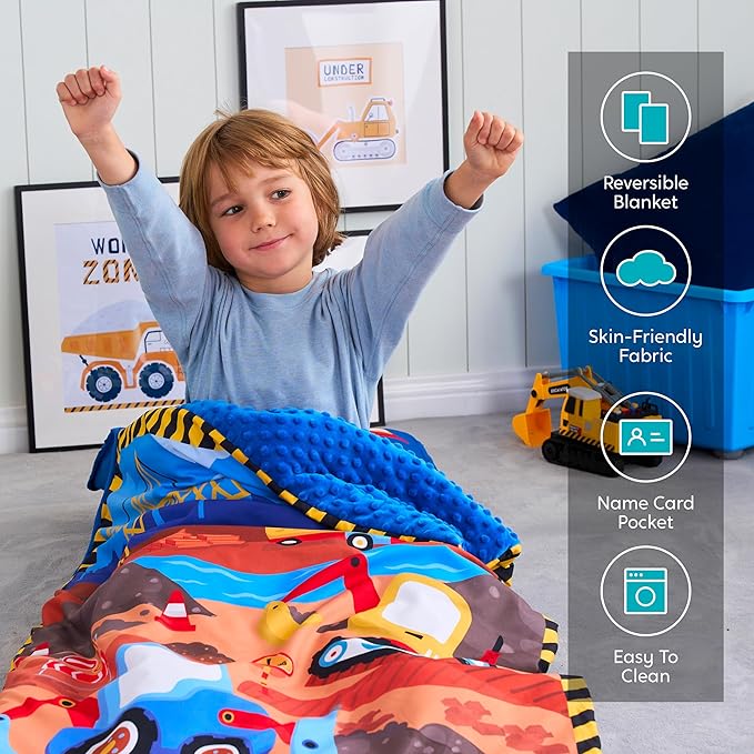 JOIEDOMI Toddler Nap Mat for Preschool 55''x30'' Sleeping Mat with Removable Pillow and Minky Blanket for Kids Ages 3-7 Roll Up Soft Kids Sleeping Bag for Boys Girls Kindergarten Daycare Sleepover