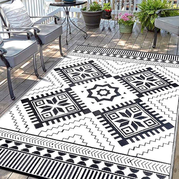 Waterproof Outdoor Rug 6x9ft, Boho Reversible Plastic Straw Mat for Patio RV Deck Porch Backyard Balcony Camping Picnic Beach Indoor Outdoor Carpet, Black&White