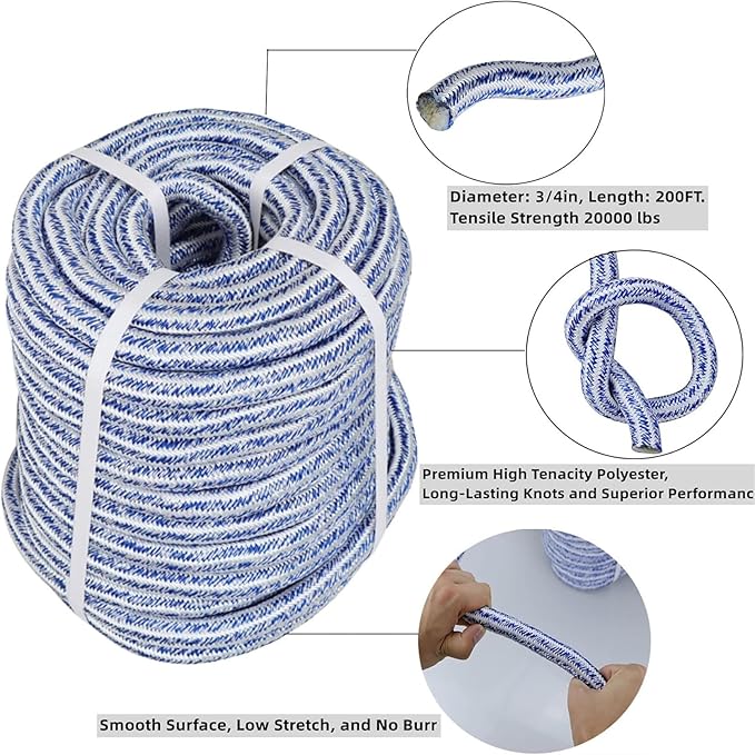 3/4 Inch x 200 Feet Double Braid Polyester Rope 20000Lbs Breaking Strength Strong Pulling Rope for Tree Work Camping Swings(Blue White)
