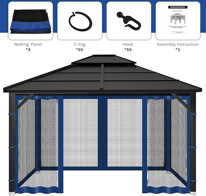 Gazebo Replacement Mosquito Netting Outdoor Universal Gazebo Canopy 4-Panels Screen Sidewalls with Zipper for Patio Garden (Navy Blue, 10x12)