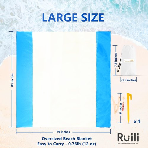Ruili Beach Blanket Sandproof Extra Large 5-7 Adults, Oversized Beach Mat Waterproof Washable Foldable Outdoor Mat, 83''x79'' Beach Blanket with Storage Bag, Lightweight Durable 4 Stakes (White&Green)