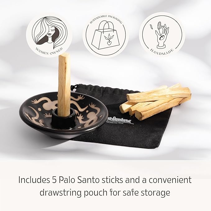 Luna Sundara Authentic Peru Pottery Palo Santo Stick Holder and Incense Holder Includes 5 Palo Santo Sticks Handmade Ceramic Smudge Bowl Sage Holder Palo Santo Holder (Black and White Lizard)