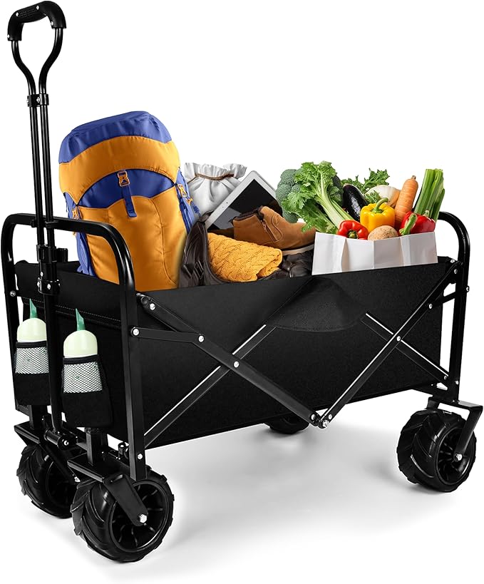 YSSOA Collapsible Folding Wagon Cart, Beach Wagon for Sand with Big Wheels, Heavy Duty Foldable Utility Wagon, Portable Garden Cart with Adjustable Handle, Foldable Grocery Wagon for Camping Sports