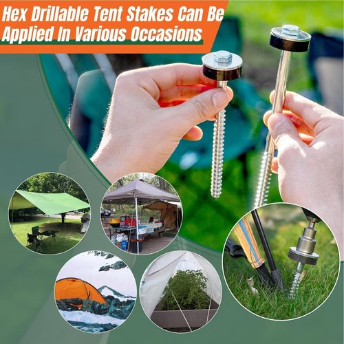 6 Pcs 6.2" Hex Pegs Drillable Threaded Tent Pegs Or Tent Stakes, Screw in Tent Pegs Stakes for Garden Canopies Grassland Canopies Awnings Camping Travel (Hex Tool and Storage Bag)