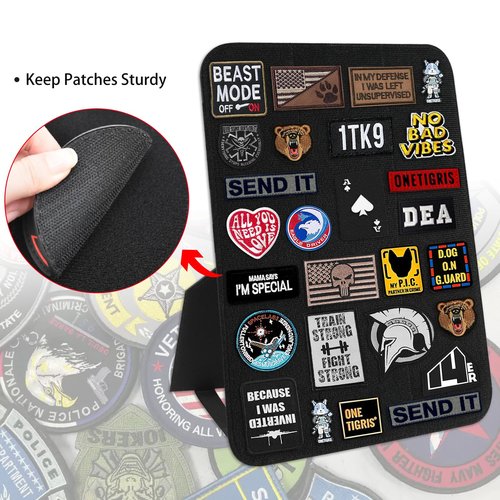 Esmorah Military Patch Display Board, Black Stand Holder Patch Display Organizer for Flag, 14 X 11 Inches Patch Tactical Panel Collection with Loop Surface for Hook