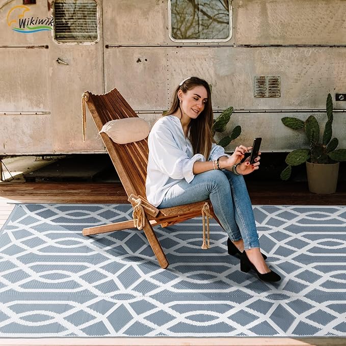 wikiwiki Outdoor Rug, 6x9ft Waterproof Reversible Mat Indoor Outdoor Rugs Carpet, Small Area Rug Plastic Straw Rug for Patio Deck Balcony Pool RV Camping Beach Picnic, Grey, Rugscape Series