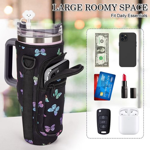 Water Bottle Holder Carrier Bag with Large Phone Pocket,Neoprene Water Bottle Carrier with Strap for Stanley 40 OZ Tumbler, Wrap Around Drink Purse Cup Holder with Straw Cover Accessories